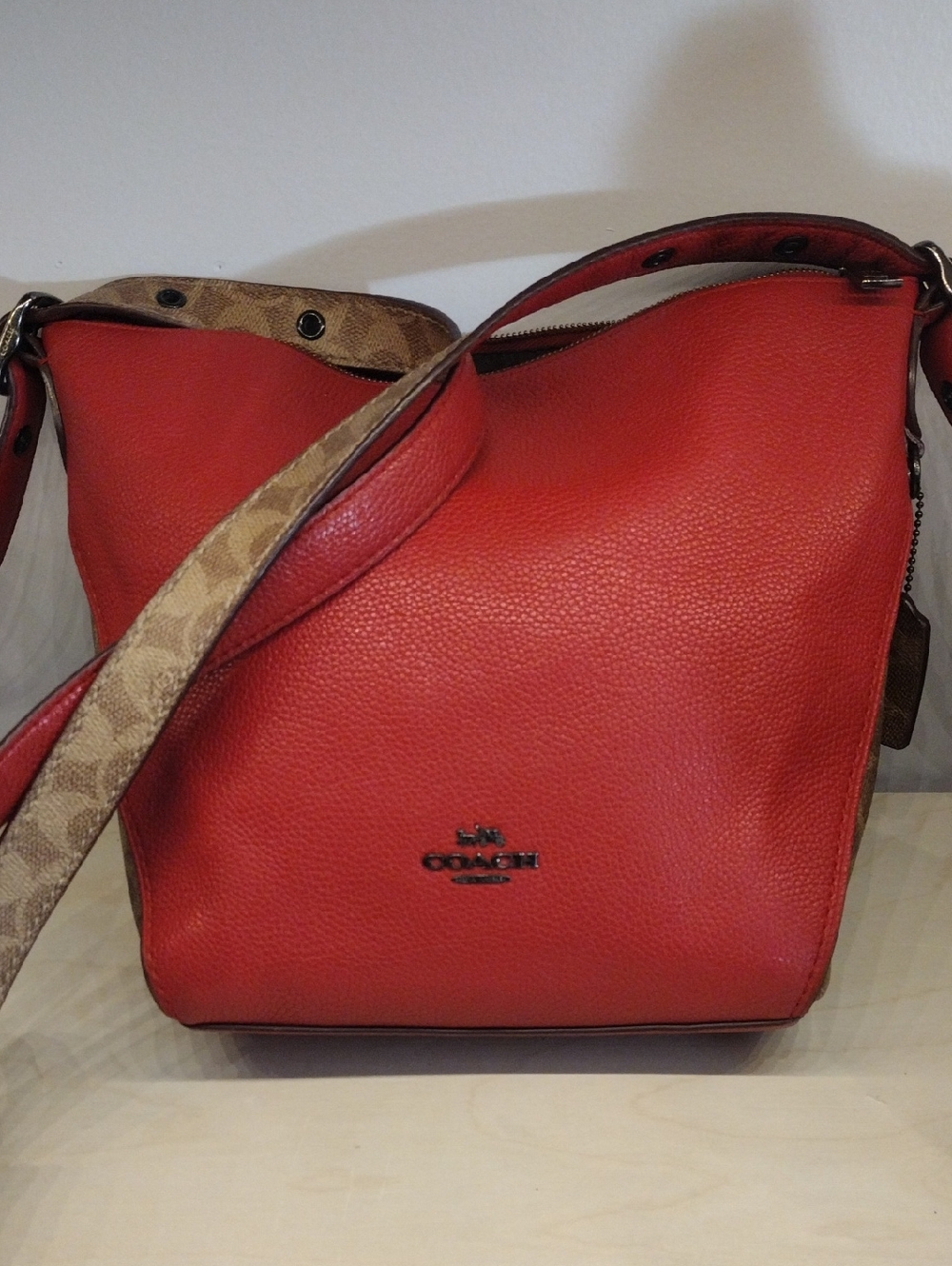 Coach Red Pebbled Leather Shoulder Hobo with Signature Strap